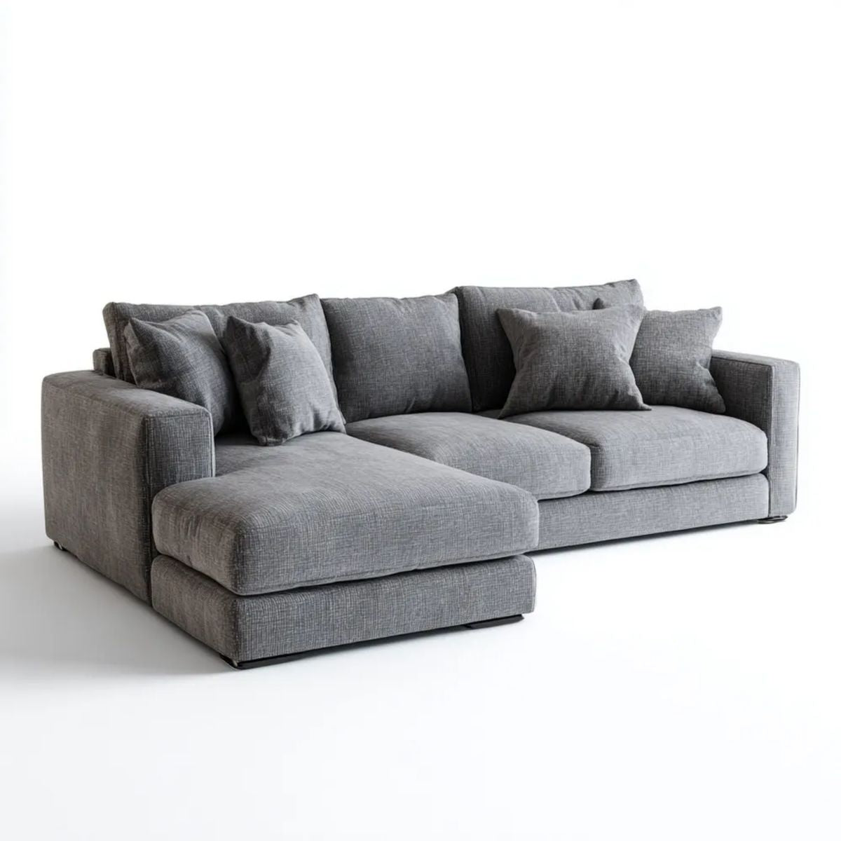 Szara sofa narożna w kształcie L z lewym szezlongiem, tapicerowana tkaniną, 280 × 170 × 85 cm