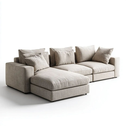 Beżowa sofa narożna z szezlongiem, tapicerowana poliestrem, 290 × 170 × 85 cm