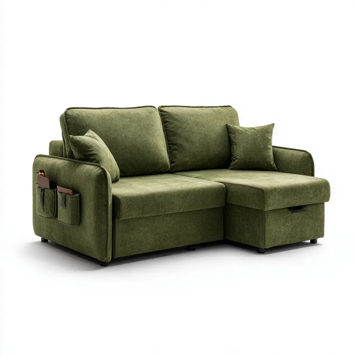 Dwuosobowa sofa narożna w kształcie L z poliestru, oliwkowozielona, 180 × 135 × 88 cm