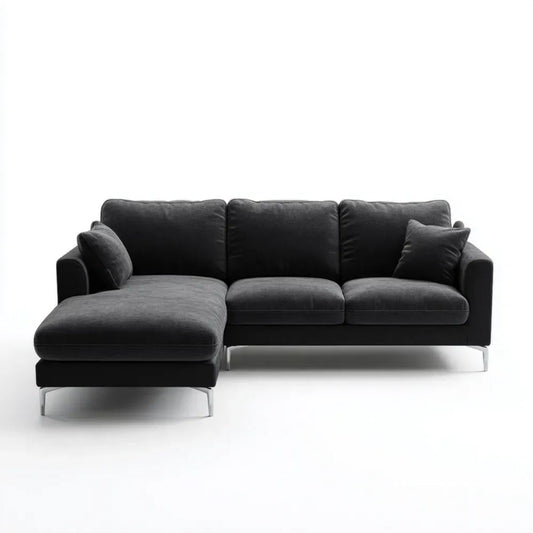 Czarna sofa narożna z lewym szezlongiem, tapicerka poliestrowa, 280 x 165 x 85 cm