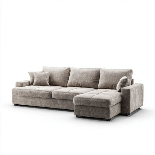 Szara sofa narożna w kształcie L z prawostronnym szezlongiem, tapicerowana tkaniną, 280 × 160 × 85 cm