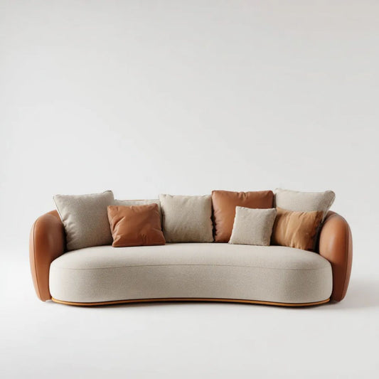 Trzyosobowa sofa beżowa z bokami z ekoskóry, tapicerowana tkaniną, 230 × 95 × 78 cm