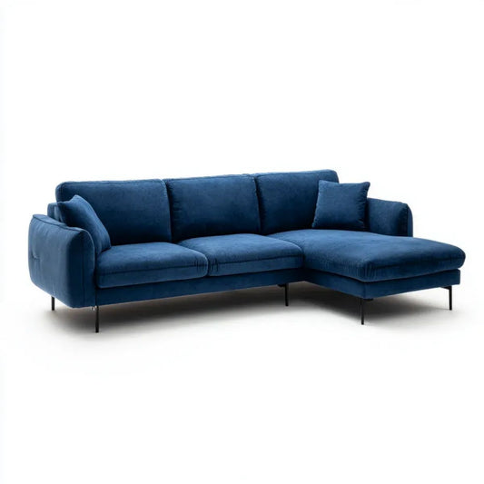 Granatowa sofa narożna z prawostronnym szezlongiem, tapicerka poliestrowa, 260 x 160 x 85 cm