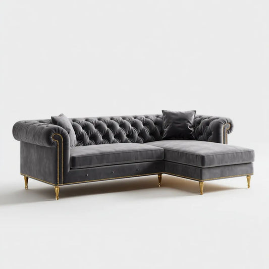 Grafitowa welurowa sofa narożna Chesterfield z prawym szezlongiem, 260 × 165 × 78 cm