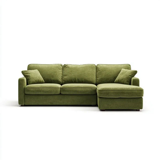 Prawostronna sofa narożna z szezlongiem z aksamitu, oliwkowozielona, 260 × 160 × 85 cm
