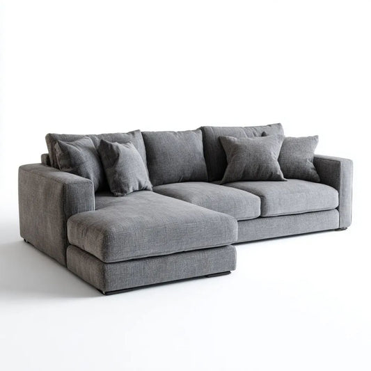 Szara sofa narożna w kształcie L z lewym szezlongiem, tapicerowana tkaniną, 280 × 170 × 85 cm