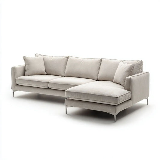 Jasnobeżowa sofa narożna z prawostronnym szezlongiem, tapicerka poliestrowa, 280 × 160 × 86 cm, kształt L
