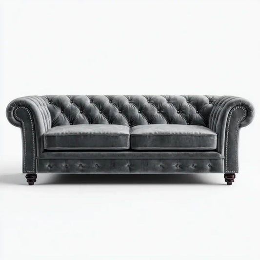 Trzyosobowa sofa Chesterfield z tkaniny aksamitnej, ciemnoszara, 220 x 90 x 75 cm