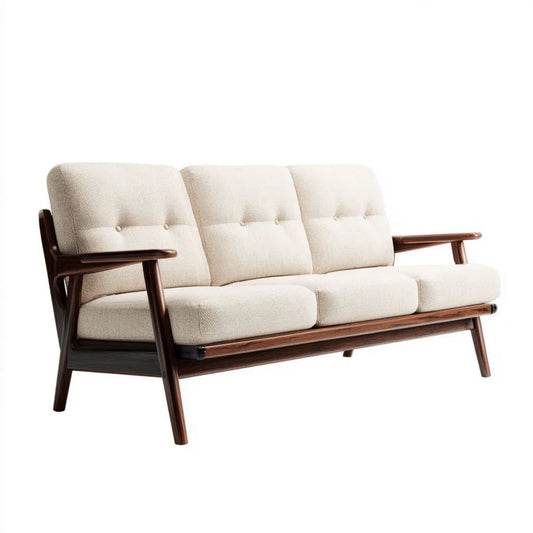 Trzyosobowa sofa kremowa z tapicerką bouclé i drewnianą ramą, 180 × 75 × 82 cm