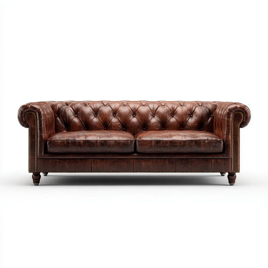 Dwuosobowa sofa Chesterfield ze skóry syntetycznej, brązowa, 180 x 85 x 78 cm