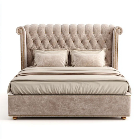 Beżowo-złote tapicerowane łóżko dwuosobowe Chesterfield z aksamitu 180 x 200 cm, 220 x 220 x 150 cm